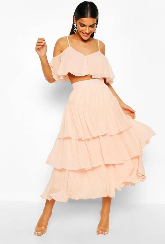 boohoo Chiffon Top En Midi Rok Met Ruches, Blush