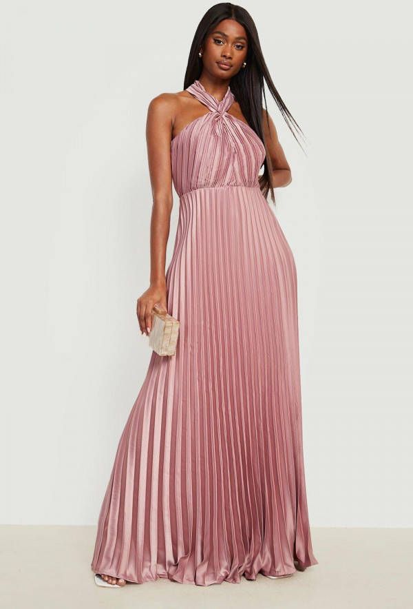 boohoo Geplooide Satijnen Halter Maxi Jurk, Blush