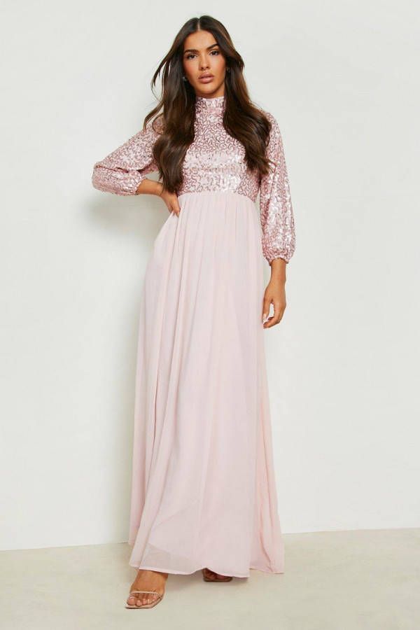 boohoo Glitter Maxi Bruidsmeisjes Jurk Met Pailletten En Hoge Hals, Blush