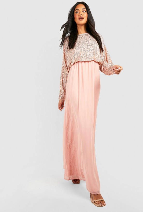 boohoo Maxi Bruidsmeisjes Jurk Met Pailletten En Vleermuismouwen, Blush