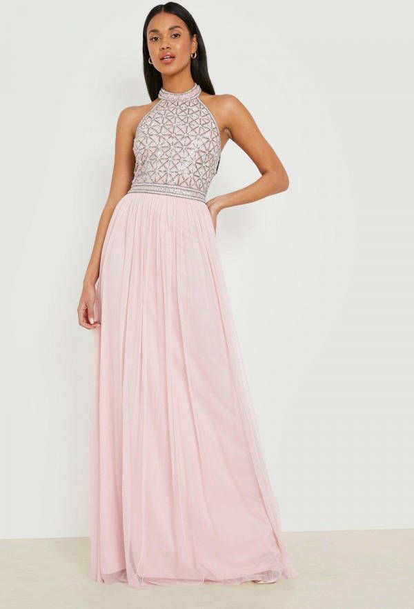 boohoo Met De Hand Versierde Bruidsmeisjes Maxi Jurk Met Halter Neck, Blush