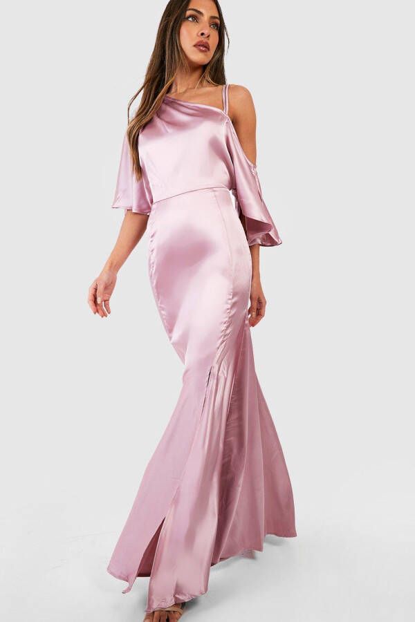boohoo Satijnen Off Shoulder Bruidsmeisjes Maxi Jurk, Blush