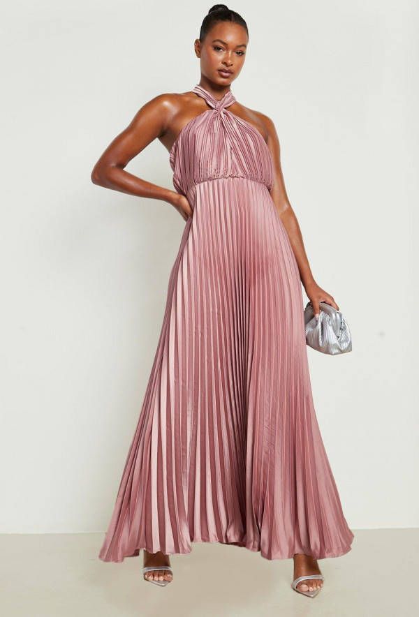 boohoo Tall Plisse Bruidsmeisjes Maxi Halter Jurk, Blush