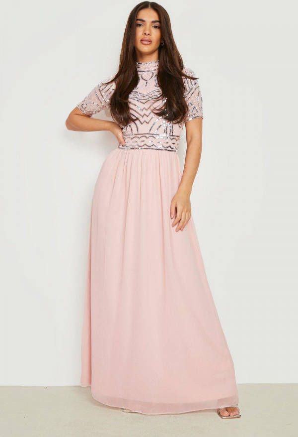 boohoo Versierde Bruidsmeisjes Maxi Jurk Met Hoge Hals, Blush